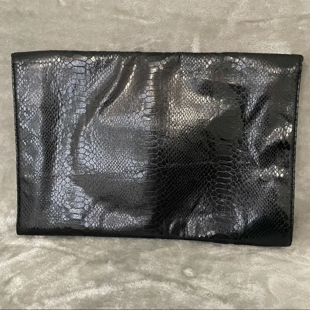 Iman Black Faux Snakeskin Fold Over Clutch with Interior Zipper Pouch